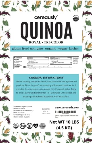 CEREAUSLY Organic Tri-Color Quinoa – Premium Royal Quinoa from Bolivia – Kosher and Non-GMO Quinoa Bulk – Vegan and Gluten-Fee Cooking Quinoa – 10 LB