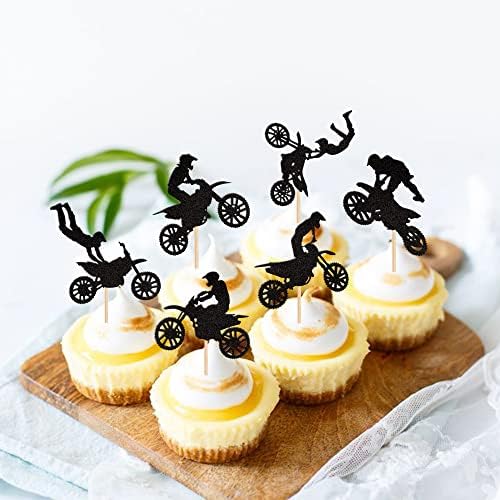 24 PCS Motorcycle Cupcake Toppers Black Glitter Motocross Dirt Bike Party Cupcake Picks for Sports Motocross Theme Man Boy Birthday Party Cake Decorations Supplies