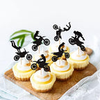24 PCS Motorcycle Cupcake Toppers Black Glitter Motocross Dirt Bike Party Cupcake Picks for Sports Motocross Theme Man Boy Birthday Party Cake Decorations Supplies
