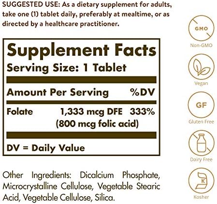 Solgar Folate 1,333 MCG Dietary Folate Equivalent (800 mcg Folic Acid), 250 Tablets - Heart Health, Healthy Nervous System, Prenatal Support - Non-GMO, Vegan, Gluten Free, Dairy Free - 250 Servings
