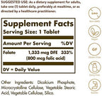 Solgar Folate 1,333 mcg DFE, 100 Tablets - 800 mcg Bio-Active Metafolin - Heart Health - Non-GMO, Vegan, Gluten Free, Dairy Free, Kosher - 100 Servings