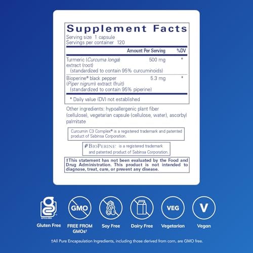 Pure Encapsulations Curcumin 500 with Bioperine - Antioxidant Supplement to Support Joints, Tissue, Liver, Colon & Cellular Health* - with Turmeric Curcumin & Bioperine - 120 Capsules