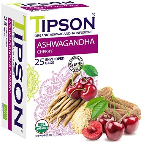 Tipson Organic Ashwagandha Infusions - Cherry - Non GMO, Caffeine Free & Gluten Free - 25 Premium Tea Bags (Pack of 1)