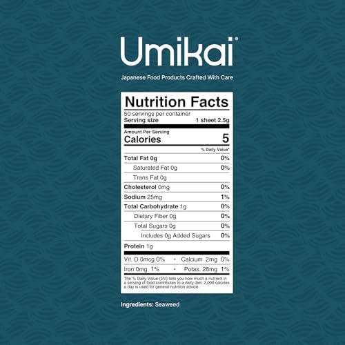 Umikai Premium Sushi Nori Sheets 50 Count, Single Package, Restaurant Quality, Used for Maki, Hand Rolls, Onigiri, Musubi