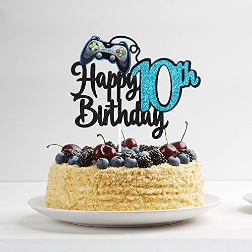 Video Game Happy 10th Birthday Cake Topper - Video Game Boy's 10th Birthday Party Blue Cake Supplies - Game On Level Up Winner Party Decoration