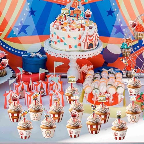 48 Pack Circus Cupcake Toppers and Wrappers, Carnival Party Cake Decoration for Carnival Theme Birthday Party Baby Shower Supplies
