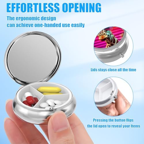 Pill Box, 3 Compartments Small Pill Case Travel Portable Metal Medicine Box with Mirror Mini Container for Purse Pocket Women Men(Glass Giraffe)
