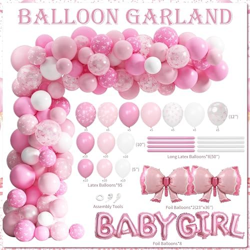 143PCS Pink Baby Shower Decorations for Girl, Welcome Baby Girl Party Decorations, Coquette Pink Bow Theme Backdrop Balloon Baby Boxes Banner for Girl Birthday Baby Shower Decor