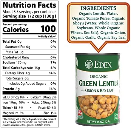 Eden Organic Green Lentils with Onion and Bay Leaf, 15 oz Can (12-Pack Case), Non-GMO, Vegan, Kosher, U.S. Grown, Heat and Serve, Macrobiotic