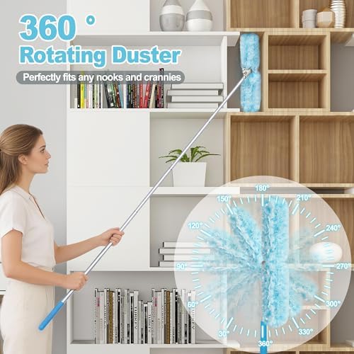 JEHONN Duster with 6 ft Extension Pole, 10 Refills Compatible with Swiffer Super Extendable Handle Heavy Duty Dusting Wand Starter Kit for Cleaning High Ceiling Fan Shelves Vent Window Blind