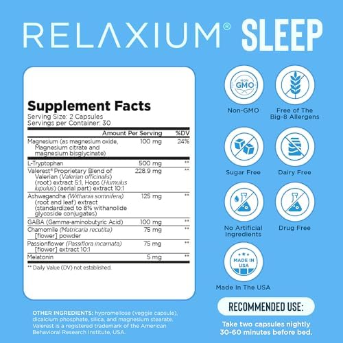 Relaxium Sleep Aid for Adults - Melatonin 5mg with Magnesium Glycinate, Valerest & Ashwagandha - Non-Habit Forming Sleep Support for Falling Asleep & Staying Asleep - 60 Capsules (30-Day Supply)