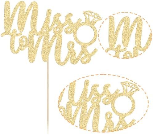 1Pc Miss to Mrs Cake Topper Gold Glitter Wedding Bridal Shower with Ring Cake Decorations for Bridal Shower Wedding Engagement Bachelorette Party Supplies