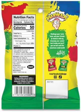 WARHEADS - Extreme Sour Hard Candy - Assorted Flavors - Sour Apple, Black Cherry, Blue Raspberry, Lemon & Watermelon Flavors - 2 oz. Bags - 3 Pack
