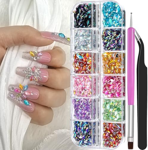 960Pcs Horse Eye Nail Rhinestones, 12 Colors Sparkling Shiny Crystal AB 3D Flatback Gems Shiny Nail Diamonds with Tweezers and Dual-end Brush for Crafts DIY, Face Makeup Gems Jewels (10-K1)