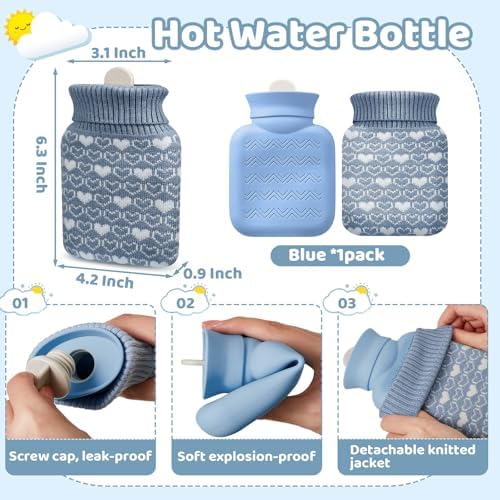 Amylove Mini Hot Water Bottle with Knitted Cover 320ml, Mother's Gift Water Bag for Women, Microwave Heating Bottle for Pain Relief Menstrual Cramps Travel(Stone Blue)