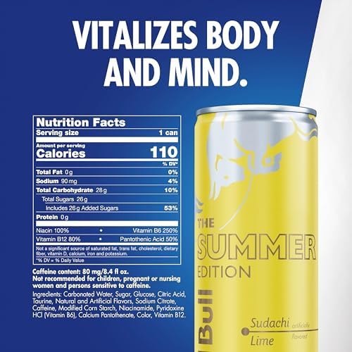 Red Bull Summer Edition Sudachi Lime Energy Drink, with 80mg Caffeine plus Taurine & B Vitamins, 8.4 Fl Oz, 6 Packs of 4 Cans (Pack of 24)