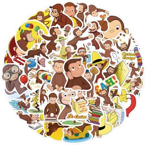 61 Pcs Curious George Monkey Storybook Cartoon Vinyl Waterproof Stickers for Water Bottle Laptop Motorcycle Skateboard Phone for Adults for Birthday Party Choice Decorative Supplies Favors