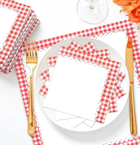 HEIPINIUYE 50 Pieces Red Gingham Cocktail Napkins Paper 3-ply Disposable Red and White Checkered Dessert Napkins for Dinner Wedding Birthday Baby Shower Party Plaid Beverage Napkin