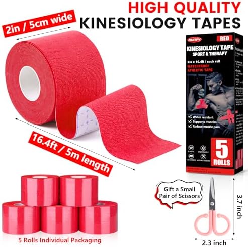 5 Rolls Kinesiology Tape, 2 inch x 16.4 Feet Waterproof Athletic Tape, Uncut Kinetic Tape, Muscle Tape, Sports Tape, Knee Tape for Exercise and Daily Use - Red
