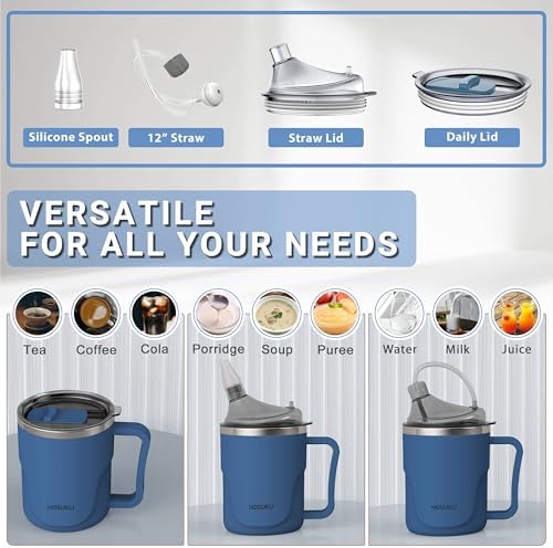 Spill-Proof Cup for Elderly, 13.5oz Stainless Steel Sippy Cup with Straw, Ideal for Seniors and Adults, Great for Water, Milk, and Soup (Blue), Health & Household Supplies