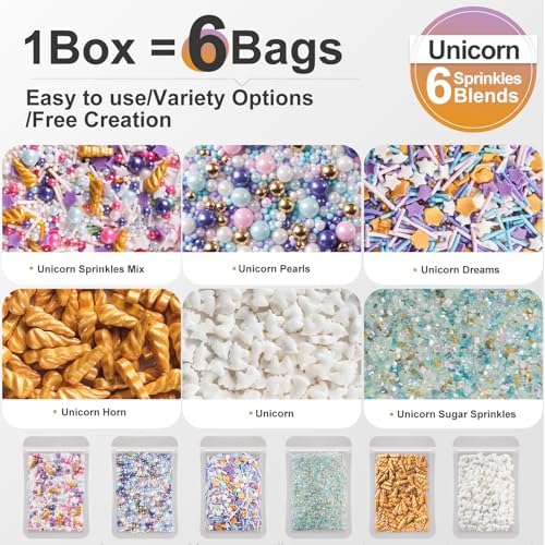 HUEBEATY® 6-in-1 Unicorn Sprinkles Edible Set – 180g Unicorn Golden Horn Candy, Star Confetti & Jimmies Mix, Pearls & Sugar Crystals – Edible Unicorn Cake Decorations for Cupcakes, Cookies, Ice Cream & Birthday Desserts