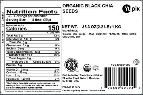 Yupik Organic Black Chia Seeds, 2.2 lb (35.2 oz), Gluten-Free, GMO-Free, Kosher, Vegan, Raw Plant-Based Superfood, Rich in Fiber, Source of Omega-3, Gels Easily, Perfect for Smoothies & Chia Pudding