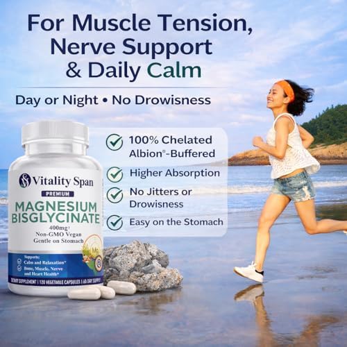 Magnesium Glycinate 400mg, Chelated Magnesium Bisglycinate for Relaxation and Sleep Aid, Extra Strength, with Magnesium Oxide, Gentle on Stomach, Vegan, 120 Capsules, Made in USA