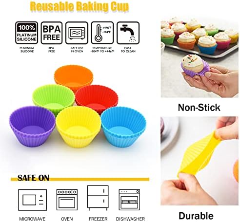 Silicone Cupcake Baking Cups 24 Pack, Reusable & Non-stick Muffin Cupcake Liners Holders Set for Party Halloween Christmas, Easy Clean Pastry Muffin Molds（Pack of 24,Multicolor）