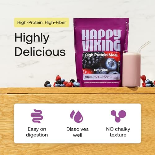 Happy Viking Plant-Based Protein Powder +100 Superfoods Berry Parfait Meal Replacement Shake, Created by Venus Williams, 30g Plant Protein, 10g Fiber, Vegan, Gluten-Free, Non-GMO, 15 Meals