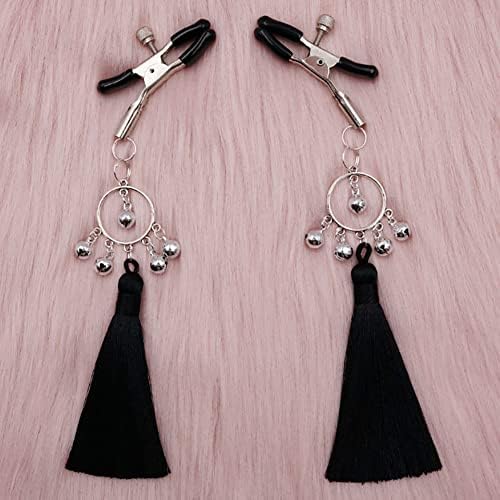 Adjustable Tassel Nipple Clips with Bells Non Piercing Chest Nipple Clamps Dangle Breast Nipple Jewelry (Black)