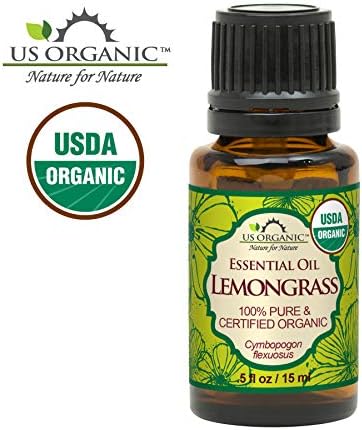 US Organic 100% Pure Lemongrass Essential Oil, USDA Certified Organic, Extracted by Steam Distillation Method, for Hair, Nail Polish Remover, Bees Attraction, and More. 15 ml