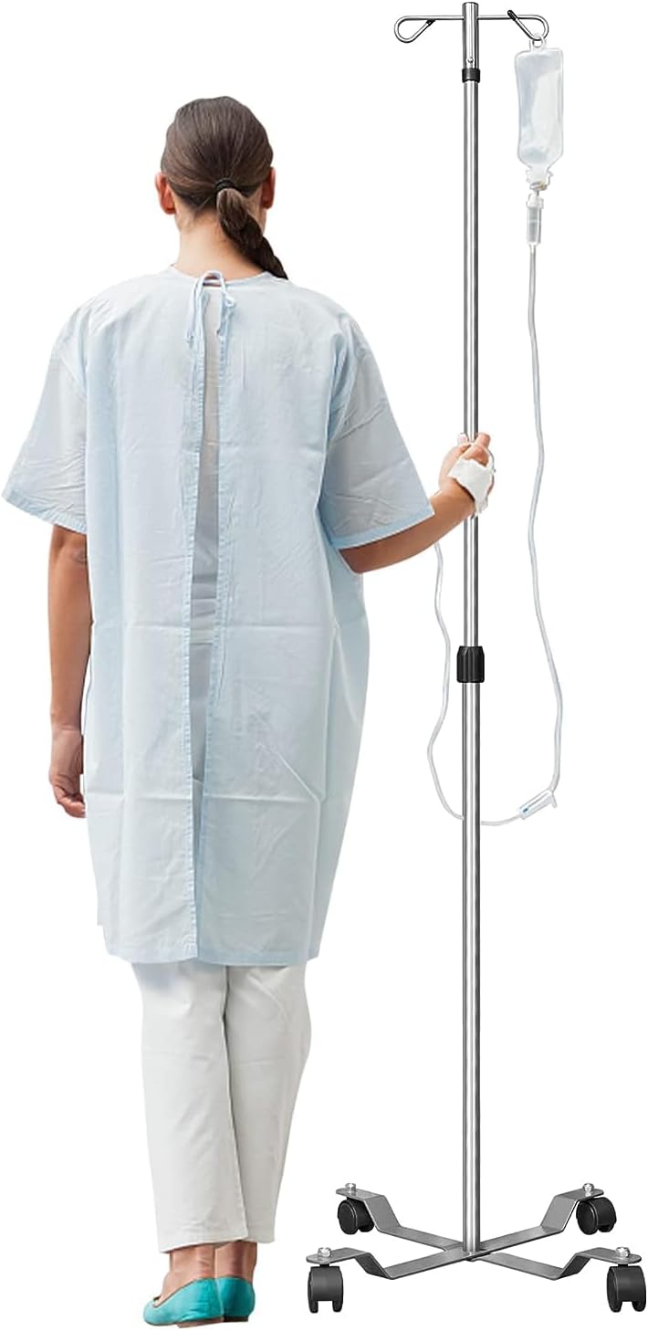 IV Pole with Wheels Medical Portable IV Stand Pole, IV Bag Stand with Removable IV Bag Holder, 47" to 85" Adjustable Height Pole, with 2 Hook & 4 Caster Steel Base