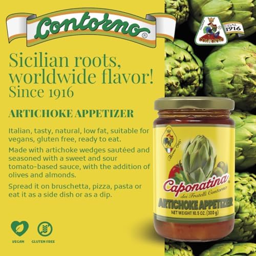 Contorno Artichoke Caponata Spread (10.6 oz) – Sicilian Caponatina Appetizer for Bruschetta, Pasta & Charcuterie,Natural, Vegetarian, Ready to Eat Italian Antipasto (1 Pack)