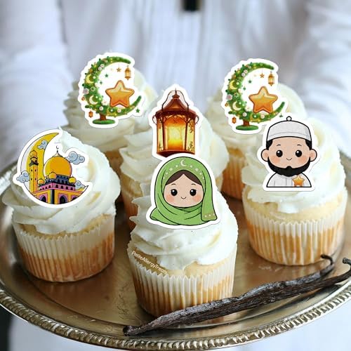 50 PCS Edible Ramadan Cake Toppers Wafer Paper Mosque Lantern Crescent Moon Halal Cupcake Toppers Edible Eid Mubarak Party Decorations for Islamic Muslim Theme Ramadan Kareem Party Supplies
