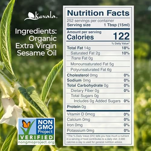 Kevala Organic Extra Virgin Sesame Oil – Cold Pressed, Unrefined & Non-GMO Cooking Oil for Salad, Frying, Baking, and Skin or Hair Use – Gluten Free & Kosher Certified – 128 Oz