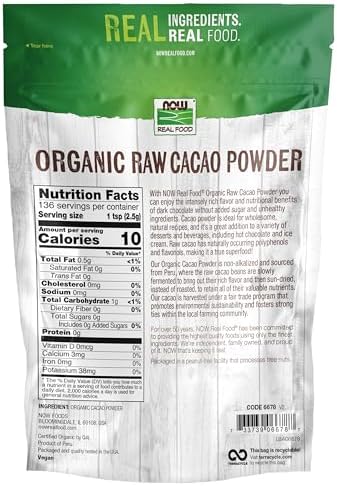 NOW Foods, Organic Raw Cacao Powder, with Polyphenols and Flavonols, Sun-Dried, Intensely Rich Flavor, 12-Ounce (Packaging May Vary)