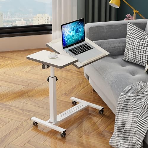 TigerDad Over Bed Table with Wheels Adjustable | Rolling Laptop Table Overbed Desk Hospital Tray Table Sofa Chair Side Table for Home Office (White)