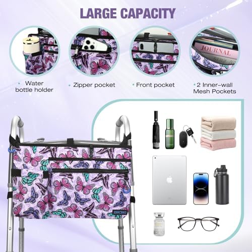 Walker Bag with Cup Holder, Walker Accessories for Seniors Detachable, Foldable Walker Basket with Big Capacity, Best Gift- Purple (Not Fit Rollator Walkers)