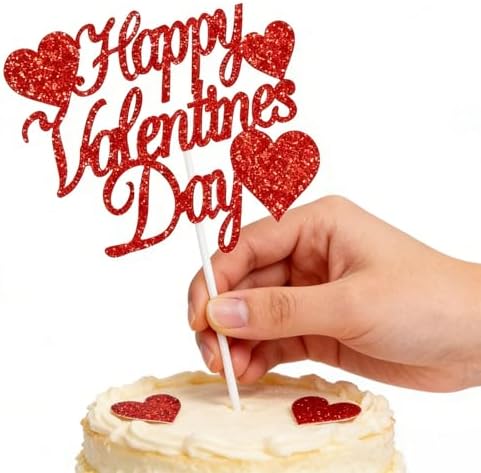 Valentine's Day Cake Toppers with Glitter Red Hearts "Happy Valentine's Day" Message, Cupcake Topper Red Glitter Cake Decoration – Perfect for Romantic Party Desserts-10 Pack