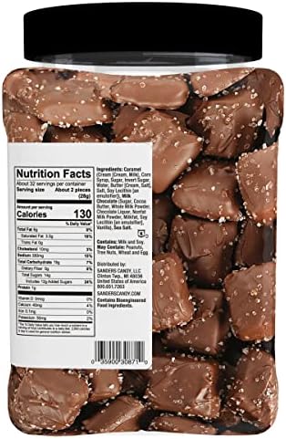 Sanders Milk Chocolate Sea Salt Caramels (32 oz Tub) – Handcrafted Small Batch Slow Cooked Caramel, Sea Salt Chocolate with Rich Indulgent Flavor, Sweet & Salty
