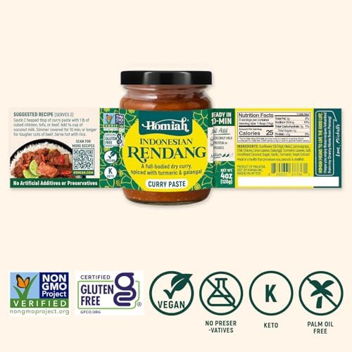 Homiah Rendang Curry Paste, 4 Oz – Vegan, Gluten-Free, Non-GMO Indonesian Curry Paste, Thai Essentials for Kitchen – Premium Rendang Thai Paste for Authentic Asian Dishes (1 Jar)