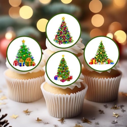 Christmas Tree Edible Cupcake Toppers, Christmas Cake Decorations, Xmas Edible Cake Toppers, Festive Cookie Decorations Theme 2, 4cm / 1.5 Inch wafer Card Discs