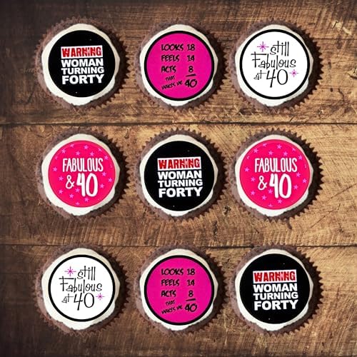 40th Birthday Edible Cupcake Toppers, 40 & Fabulous Edible Cake Decorations, 40th Birthday Decorations for Women, Pink and Black Cookie Decor, 1.5 Inch / 4cm Wafer Card Discs PRECUT (Pack of 24)