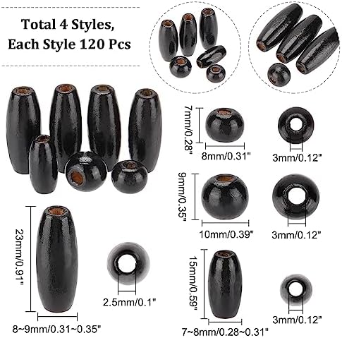 PH PandaHall 480pcs Black Wooden Beads, 4 Styles Natural Wood Beads Dyed Wooden Spacer Beads Round/Oval Loose Beads Tube Beads for Jewelry Making Hair Handmade DIY Craft Farmhouse Decor
