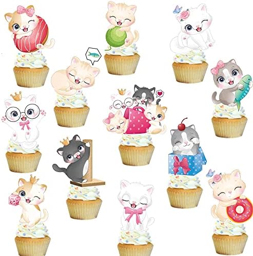24pcs Cat Cupcake Toppers Meow Kitty Party Decoration Cute Cartoon Cat Cupcake Toppers for Kitten Baby Shower Cat Theme Birthday Party Supplies