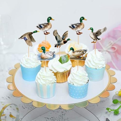 24Pcs Duck Hunting Cupcake Toppers Mallard Cupcake Picks for Duck Baby Shower Marllad Boys Girls Birthday Cupcake Decorations Wild Duck Hunting Animal Party Decorations