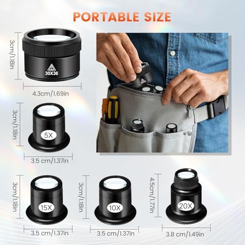 5 Pcs Jewelers Loupe Set, Portable Eye Magnifier with 5X 10X 15X 20X 30X36mm Glass Lens, Mini Monocular Magnifying Glass for Jewelry Inspection, Watch Repair Tools, Circuit Inspection, Coins