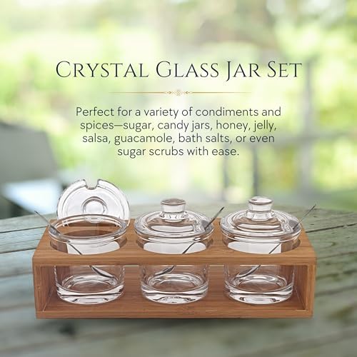 Badash Crystal Glass Jar Set - 10-Piece Glass Jars with Lids, Spoons, and Wood Stand for Jam, Honey, Spice, or Condiments - Ideal for Salad Dressing & Sauce