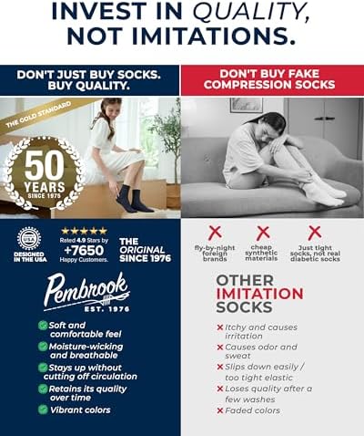 Pembrook Ankle Diabetic Socks for Women & Men | 6 Pairs | Wide Non Binding Socks Quarter Length | Edema Neuropathy Socks