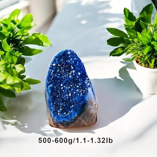 200-700g Selected Raw Geode Quartz Cluster Home Feng Shui Ornaments Energy Stone Healing Tools Meditation Feng Shui Decoration,Stone Display Piece, Mineral Specimen (Blue, 500-600g)